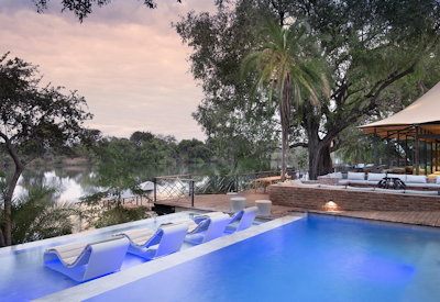 Thorntree River Lodge rim-flow infinity swimming pool loungers Zambezi River Zambia