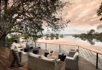 Thorntree River Lodge Zambezi River views open-sided lounge dining library Zambia