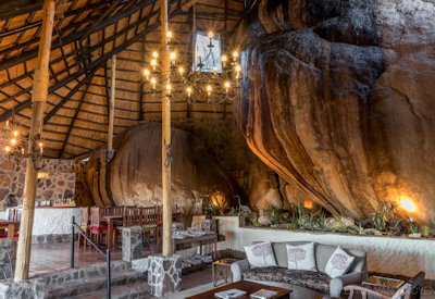 Big Cave Camp cave-style boma central guest area lounge library Matobo Hills Zimbabwe