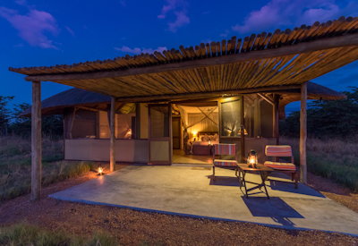Camp Hwange private sitting area verandah waterhole wildlife viewing Zimbabwe