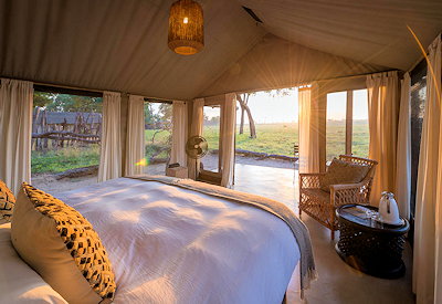 Davisons Camp beautiful tented suite large windows waterhole views Hwange Zimbabwe