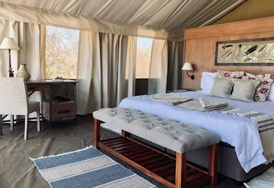 Ingwe Pan Camp classic tented suite large bedroom private deck Mana Pools Zimbabwe