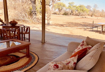 Ingwe Pan Camp overlooking Ingwe Pan leopard lion brown hyena wildlife Zimbabwe