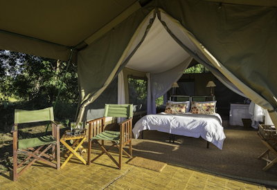 John's Camp classic Meru tented suite Trichelia Mahogany canopy Mana Pools Zimbabwe