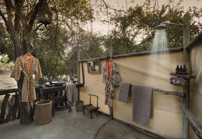 Kanga Camp outdoor double shower solar-powered Mana Pools Zimbabwe