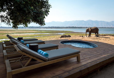 Little Ruckomechi Camp plunge pool Zambezi River Zambian Escarpment views Zimbabwe
