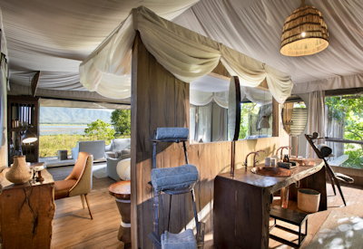 Nyamatusi Camp tented suite views Zambezi River floodplain Escarpment Mana Pools Zimbabwe