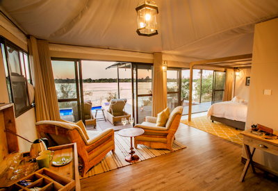 Old Drift Lodge tented luxury suite Zambezi River views Zambezi National Park Zimbabwe