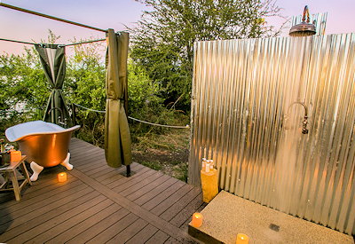 Old Drift Lodge outdoor shower bath suite Zambezi National Park Zimbabwe