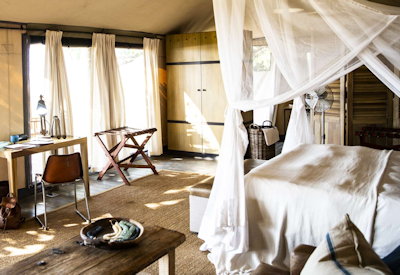 Ruckomechi Camp luxury tented suite his-and-her basins Zambezi views Zimbabwe