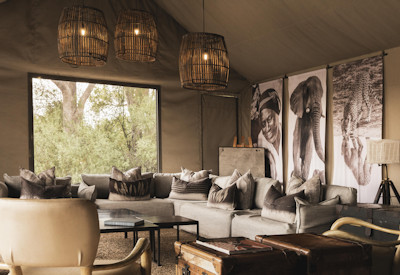 Linkwasha Camp winter lounge fireplace firepit Hwange National Park Zimbabwe